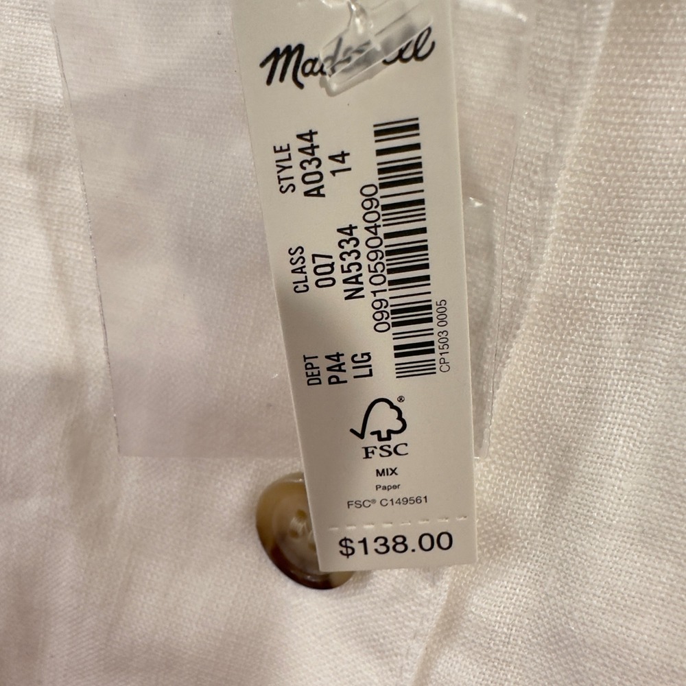 Madewell White Linen Cotton Button Front Midi Dress A0344 Womens 14 NEW - Picture 3 of 5